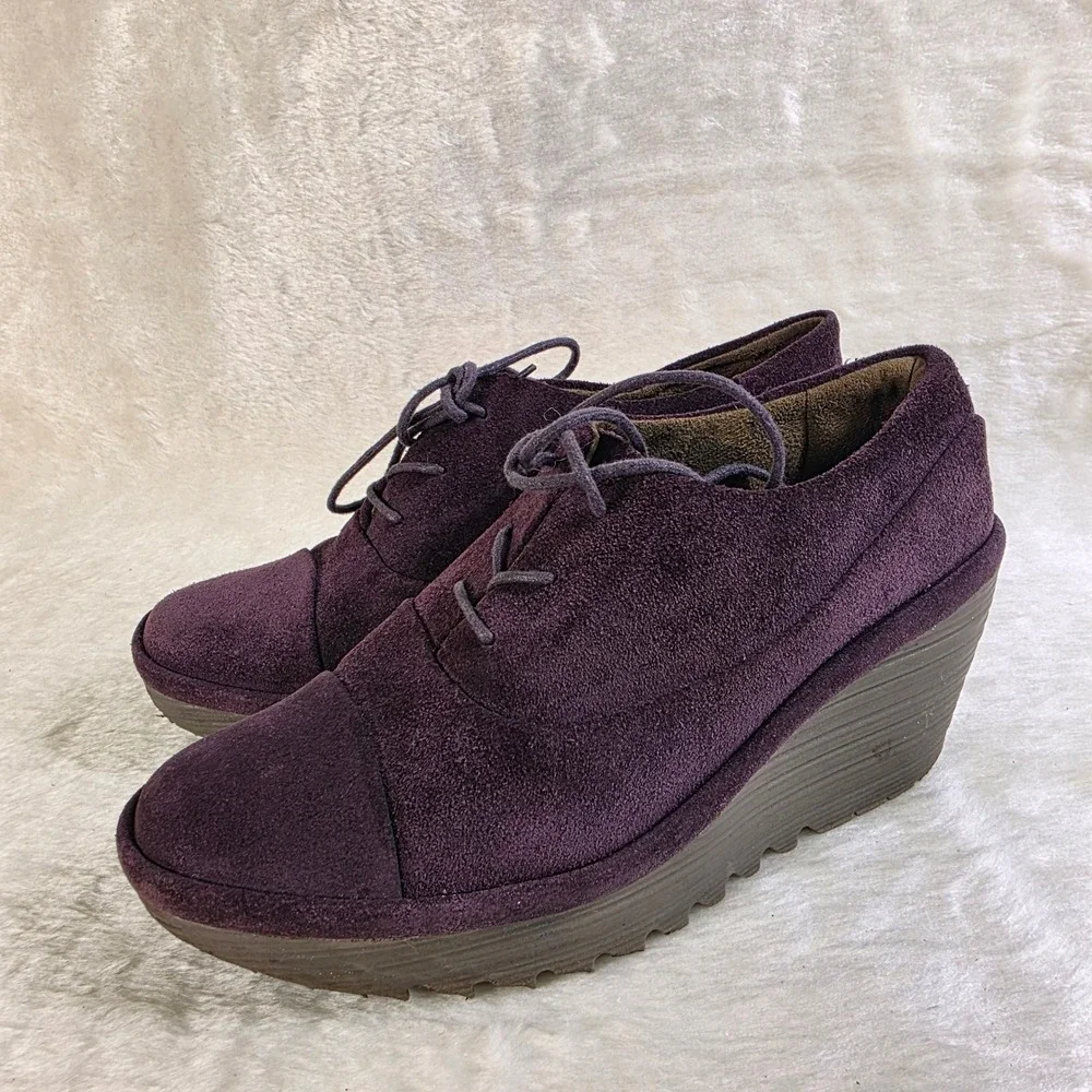 Fly London Yip Wedge Booties Purple Suede Lace Up Women 38 7 Excellent